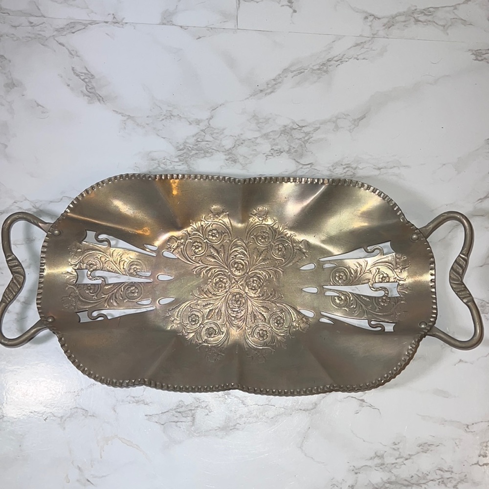 12+ inch Stylish Metal Tray w/ Cutouts, Floral design. Candy, ornament etc tray.